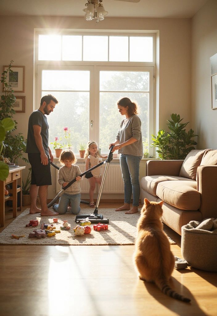 A family tidying up the living room together