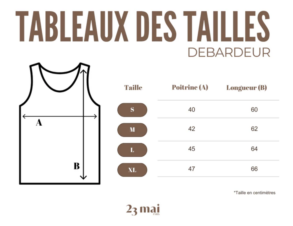 Tableau des tailles débardeur pour homme S M L XL avec mesures poitrine et longueur en centimètres
