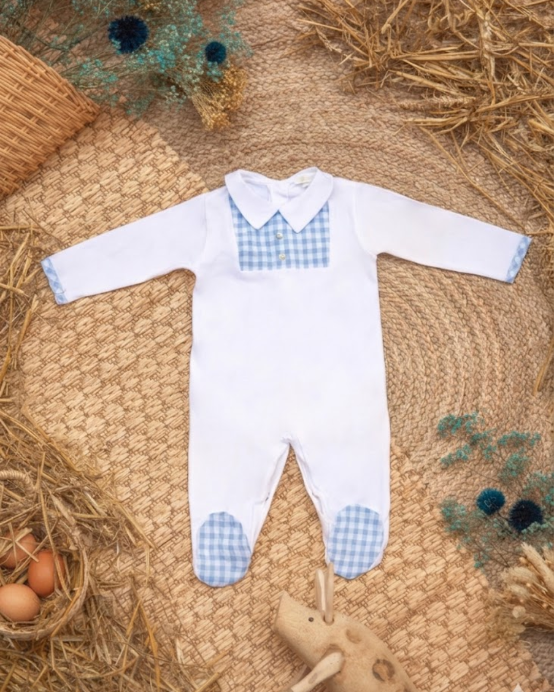 Sky blue and white gingham pyjamas.