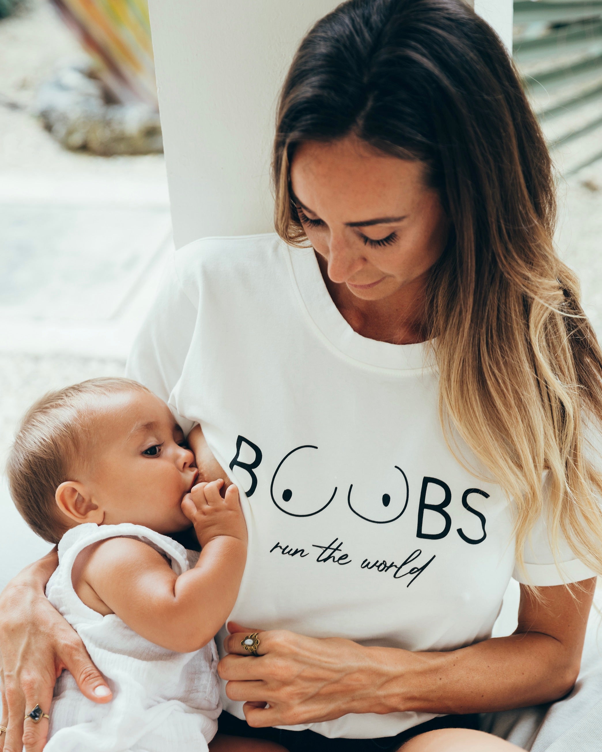 Breastfeeding t-shirt printed boobs run the world in black